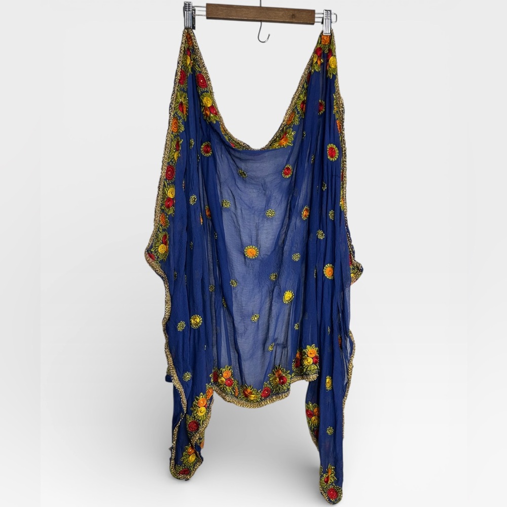 Embroidered Floral Navy Gold Lined Tie Swimsuit Coverup One Size